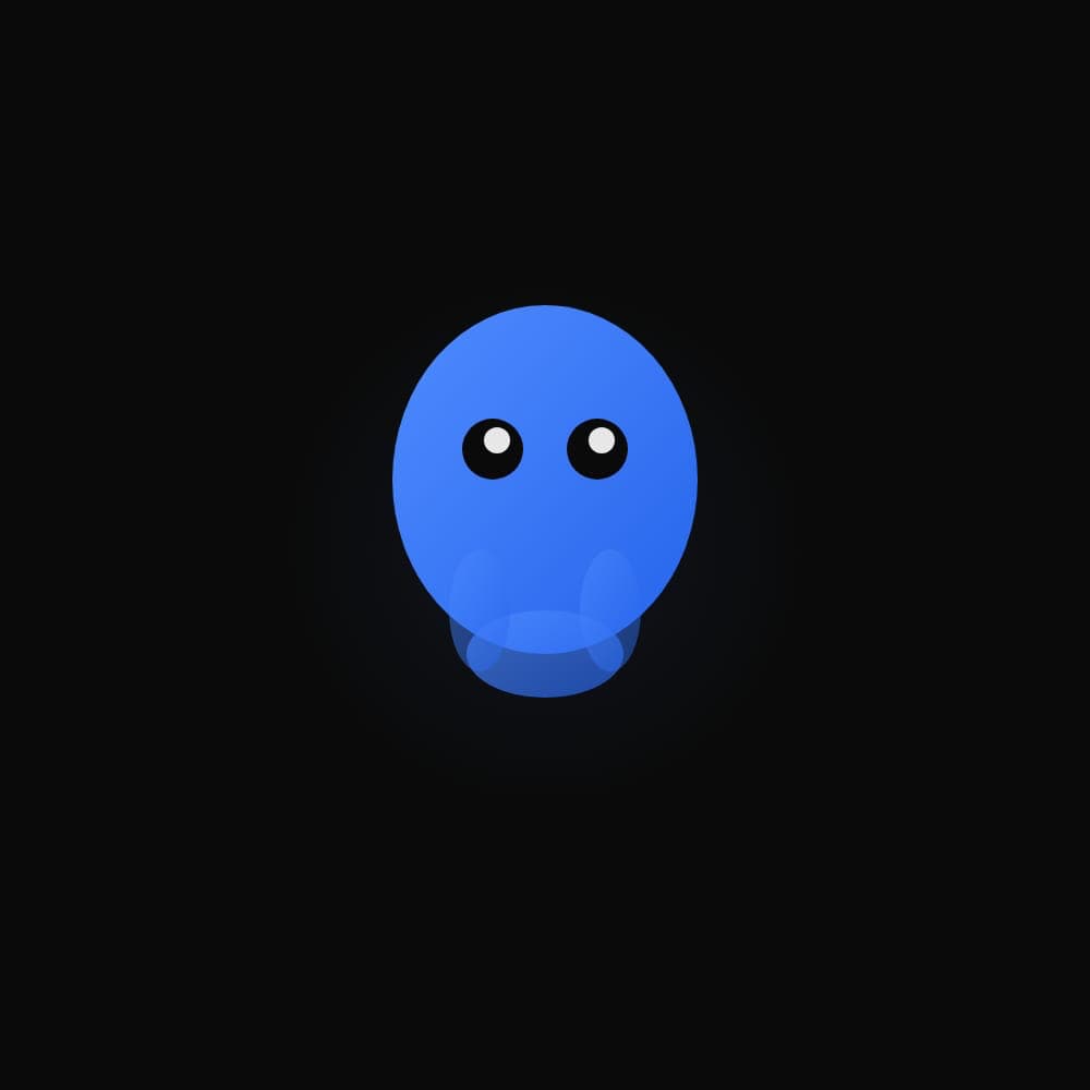 Minimalist blue character with large black eyes and white pupils centered on black background.